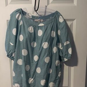 LOFT Teal and White Polka Dot Blouse